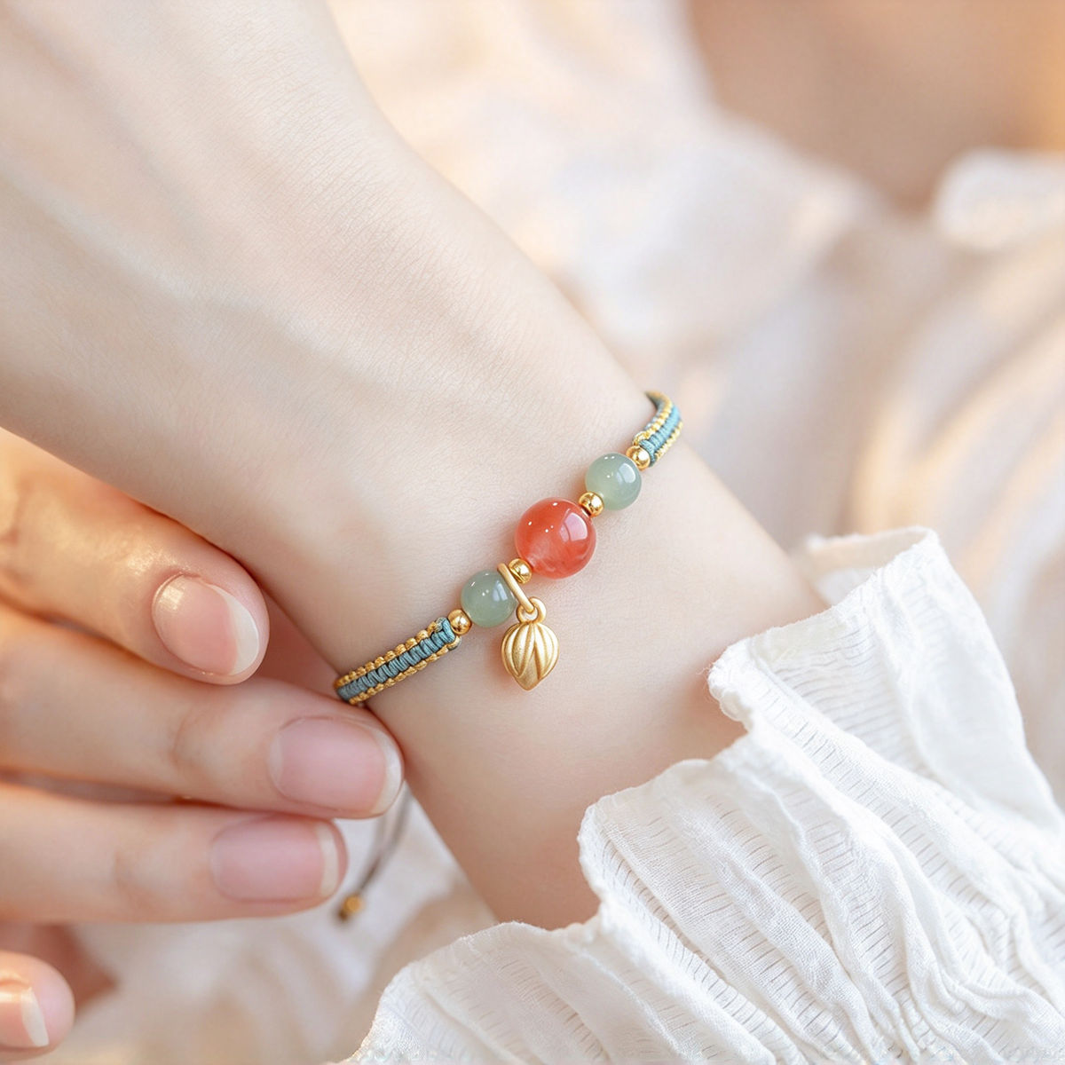 Angled wrist view highlighting the bracelet's woven cord, decorative beads, and round dangling charm.