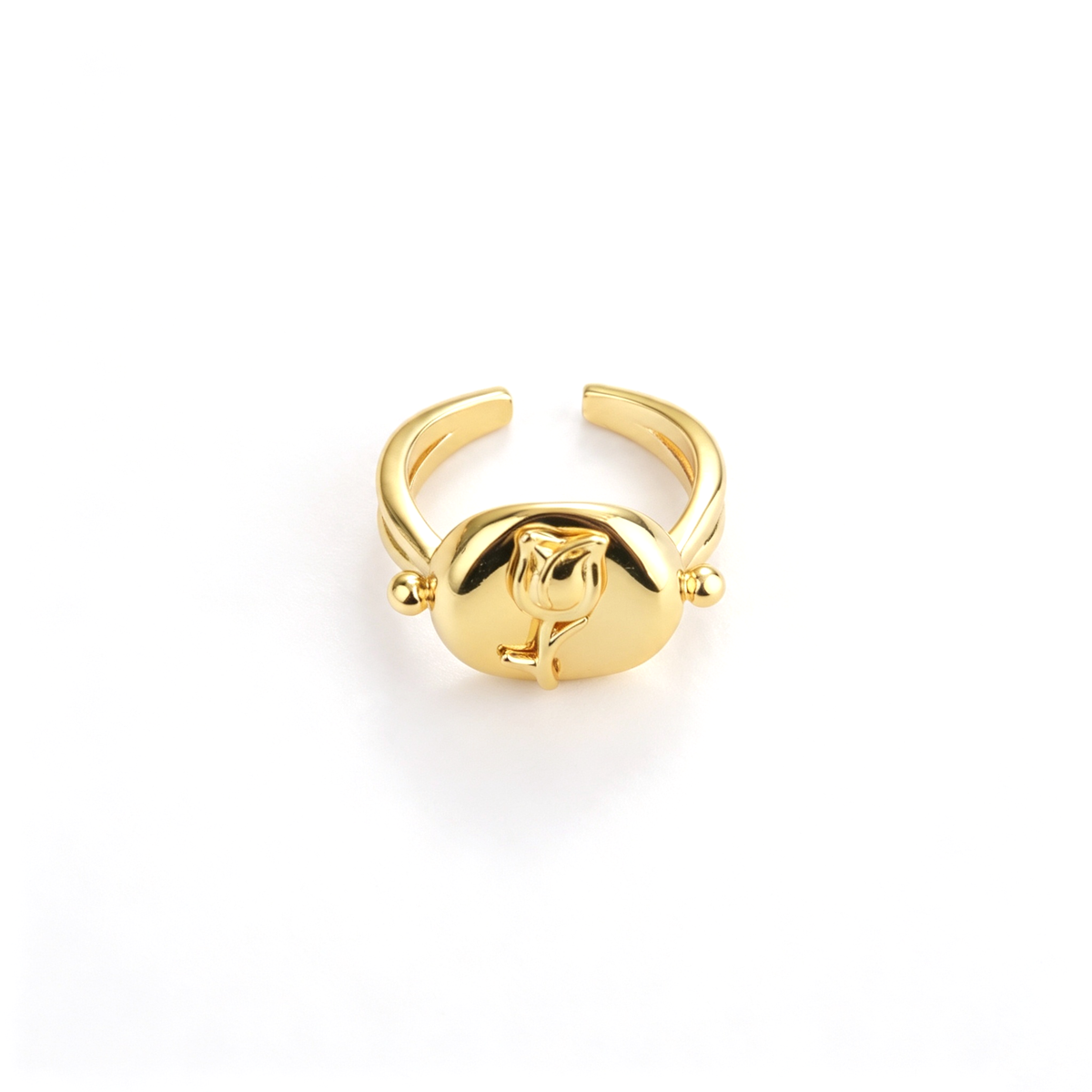 Cat cuff ring with a sculptural cat figure and rounded accents in an angled front view