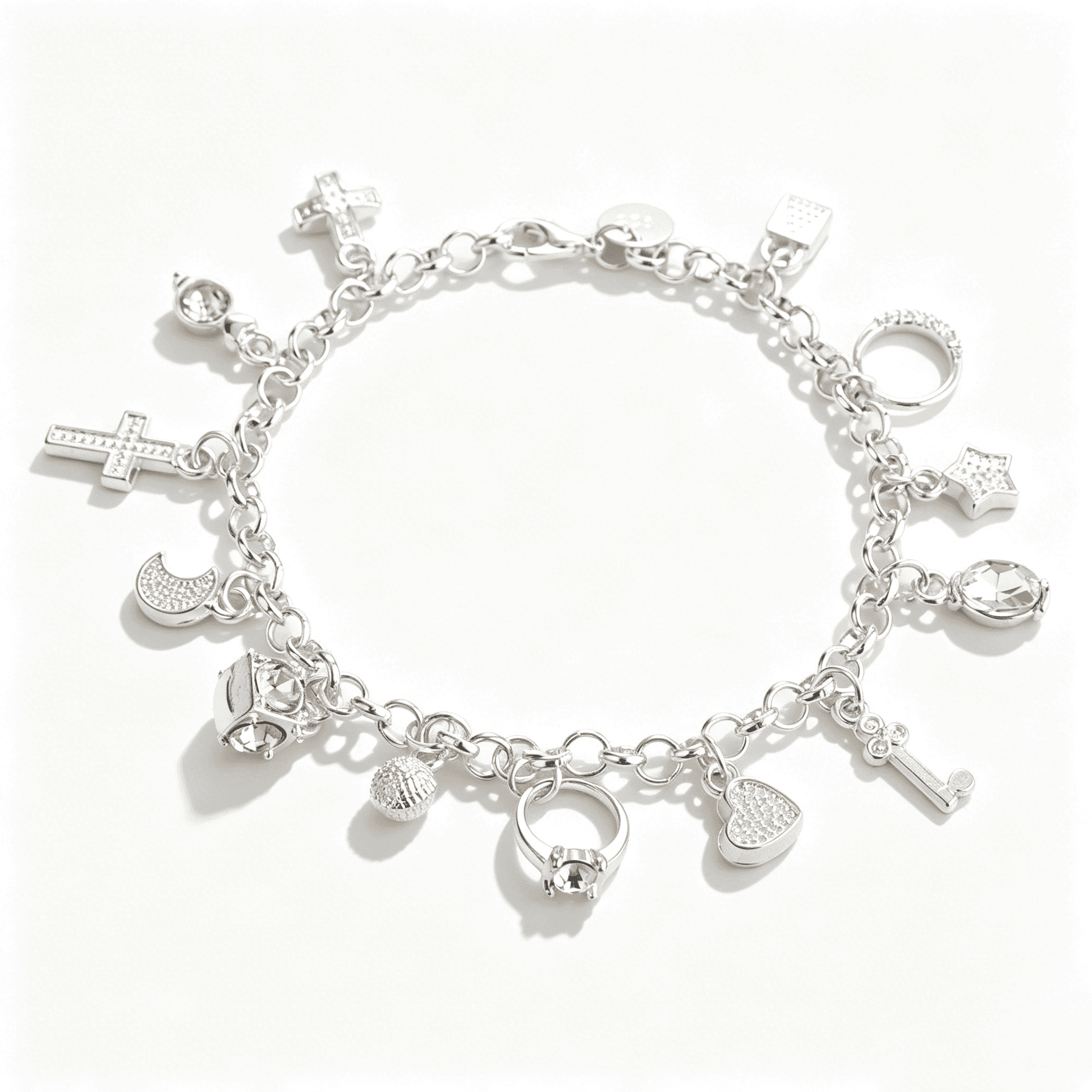 Overhead view of a complete sterling silver charm bracelet for women laid out in a perfect circle, displaying all 13 pendants.