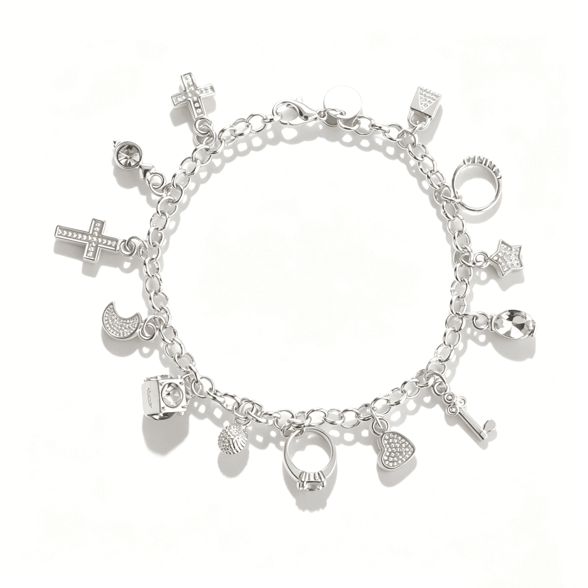 A direct overhead shot of a rolo chain charm bracelet for women, perfect for showing the full layout of custom charms.