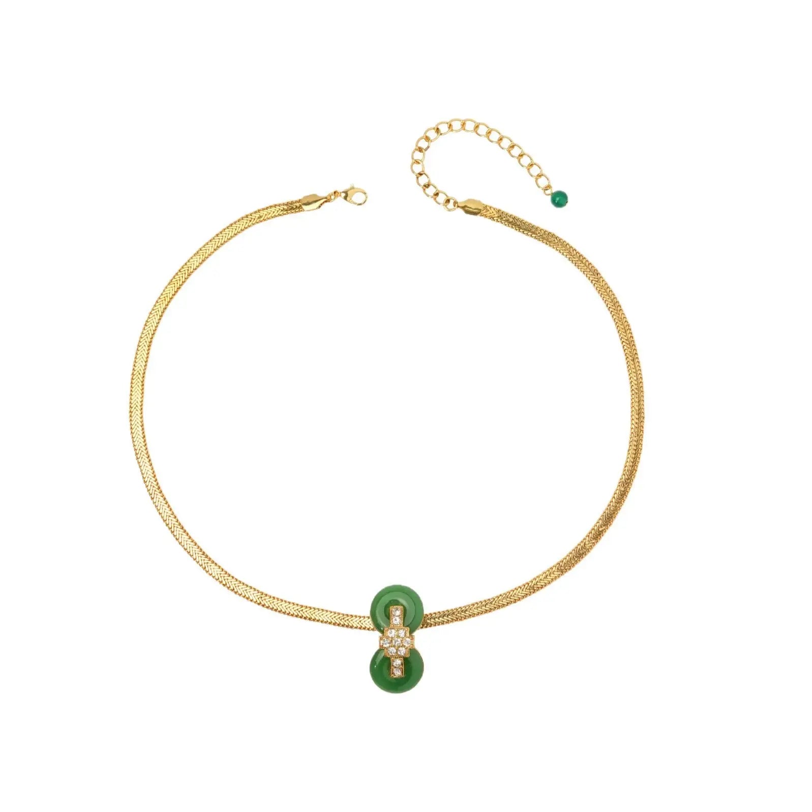 Full studio shot of the Chinoiserie green crystal double donut herringbone necklace with its ultra-flat woven snake chain isolated on white.
