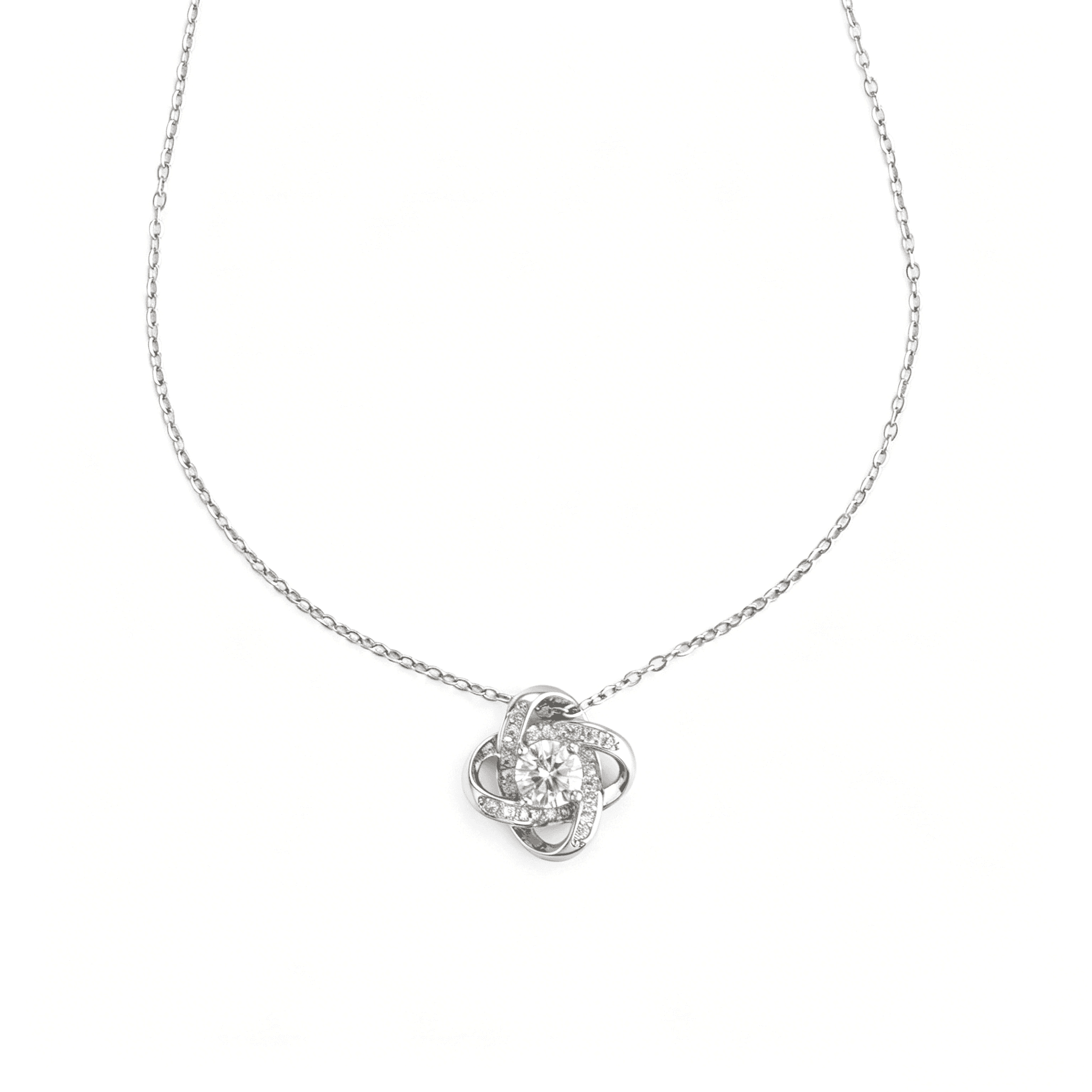 Front detailed perspective of the polished silver intertwined love knot charm highlighting the central cz diamond stone.