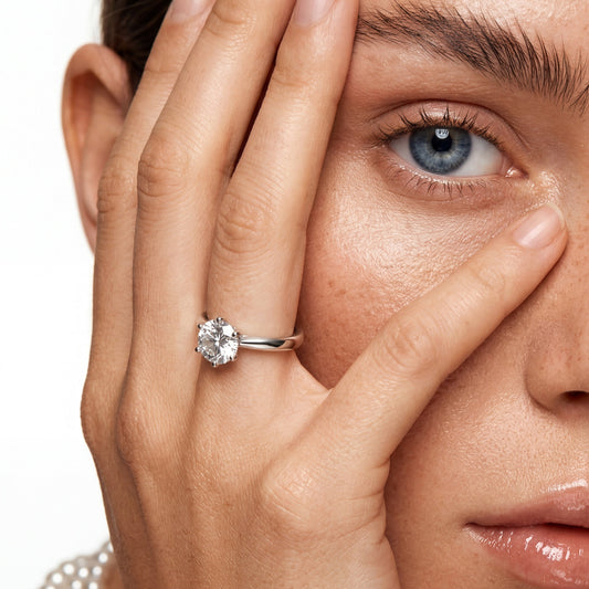 Model with blue eyes and freckles wearing a round brilliant solitaire ring, hands framing face.