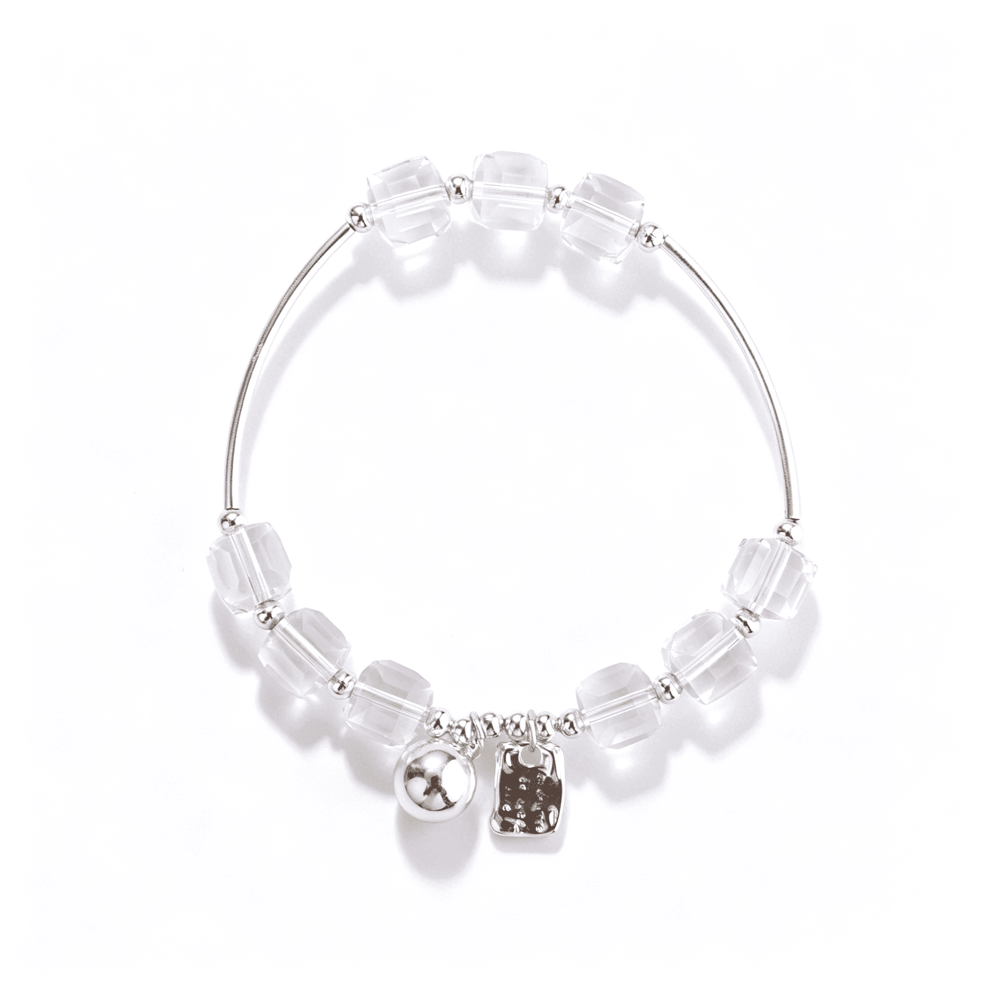 Top view of a 17 cm adjustable bracelet with clear faceted cube beads, silver-tone curved tubes, round spacers, and two charms.