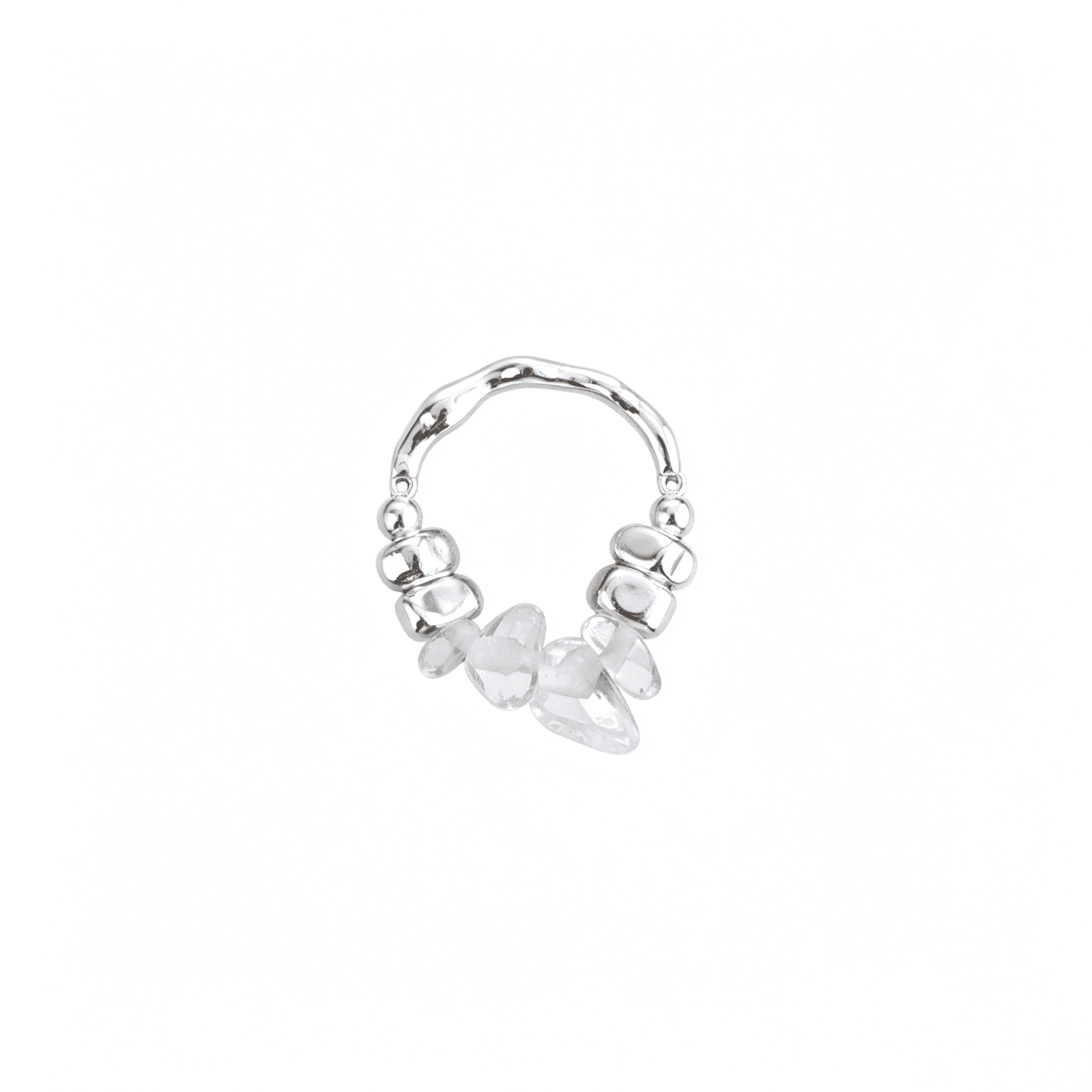 Top view of Ever P. clear quartz healing crystal stretch band ring with asymmetrical silver-toned geometric beads.