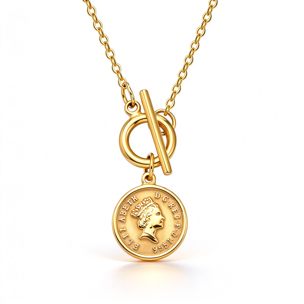 Coin pendant toggle necklace with a round portrait charm and linked chain on a white background.