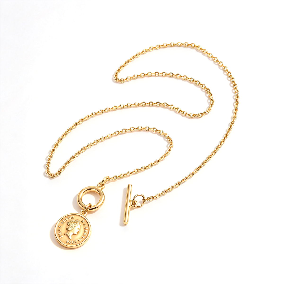 Close-up illustration of the coin pendant necklace showing the chain, toggle clasp, and hanging charm.