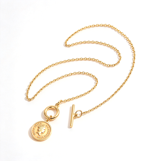 Close-up illustration of the coin pendant necklace showing the chain, toggle clasp, and hanging charm.