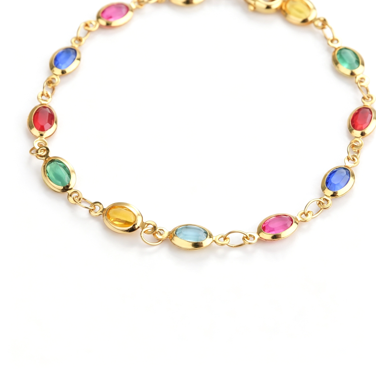 Close-up of the bracelet clasp, extension chain, and oval glass accents