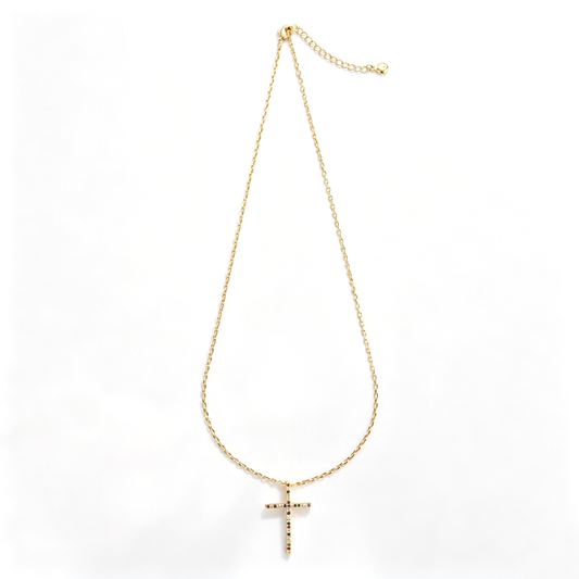 Colorful cross pendant necklace shown in a close-up of the clasp and extension chain