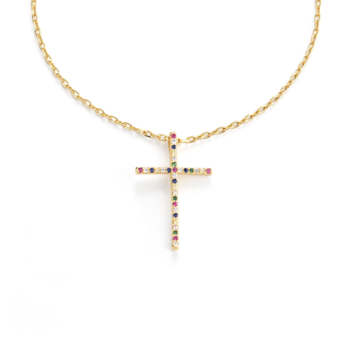 Colorful cross pendant shown from an angled view, highlighting the decorative details