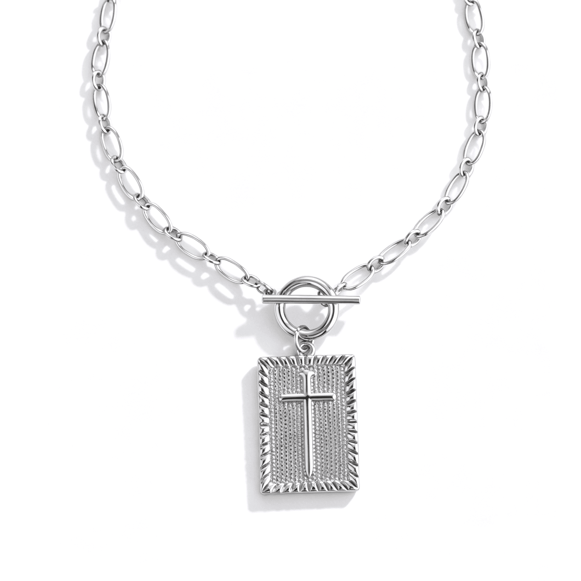 Detailed view of the 3D structure of a sliver cross necklace for women, emphasizing modern industrial design.