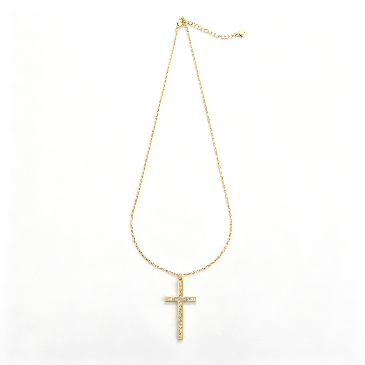 Cross pendant necklace shown in a close-up view of the chain and lobster clasp