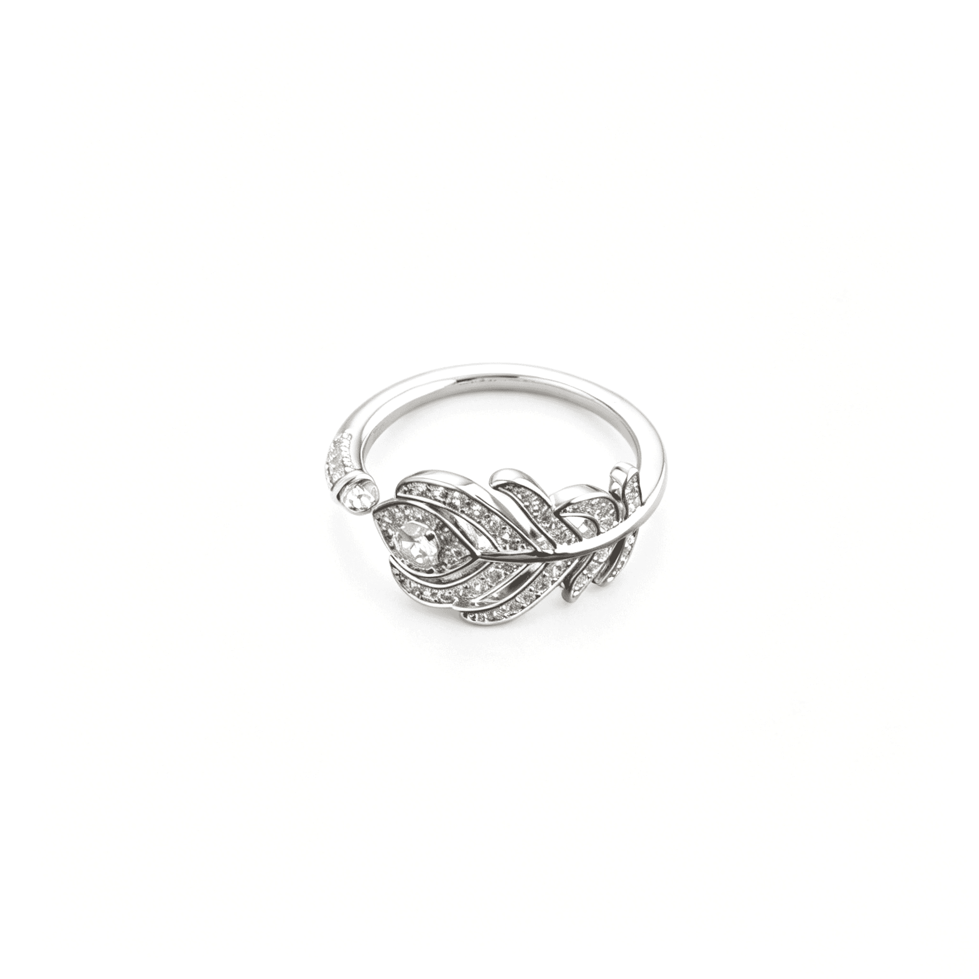 Three-quarter studio view of the silver-plated feather bypass adjustable ring wrapping gracefully around with dense CZ pave.