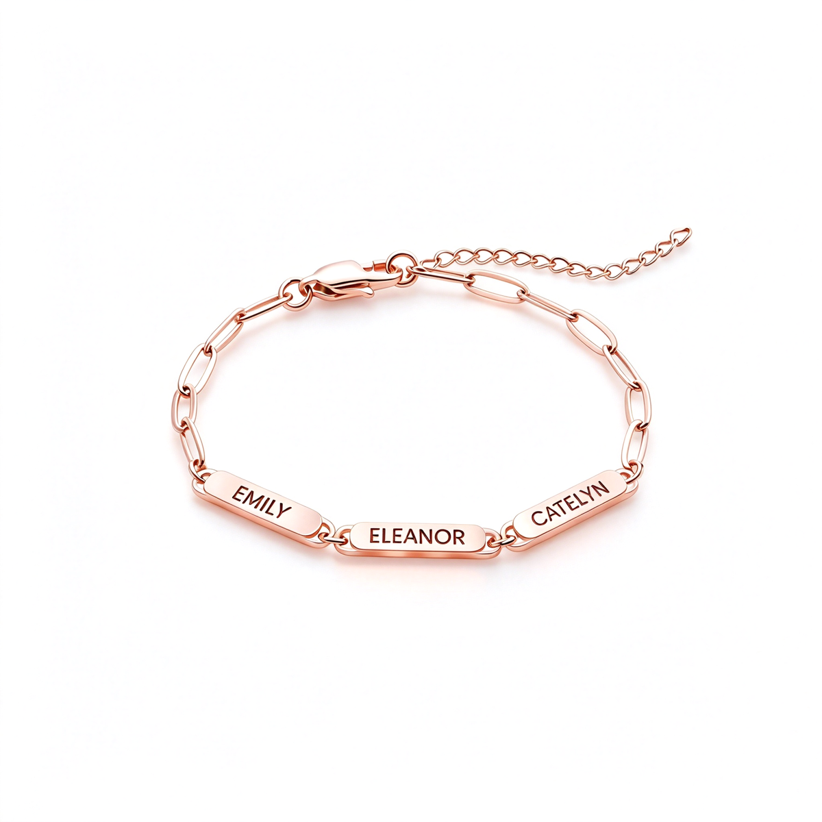 Custom name bar bracelet with three engraved name plates and an adjustable chain on a white background.