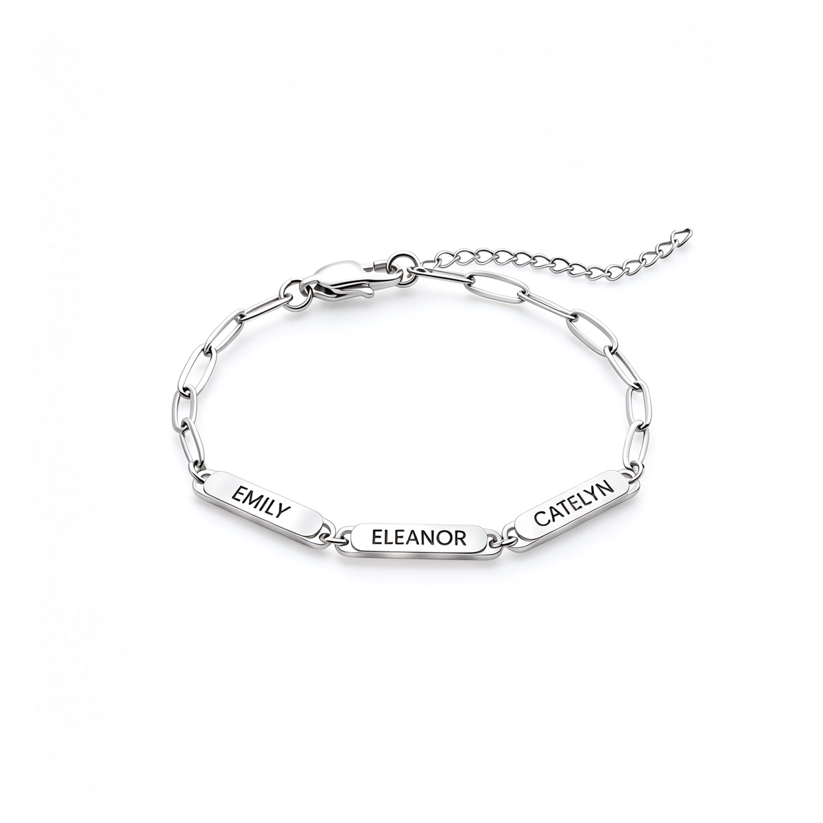 Silver-tone name bar bracelet shown alone from above, with engraved bar links and an extender chain.