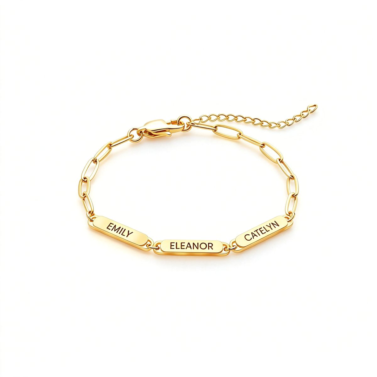 Gold-tone name bar bracelet shown alone from above, highlighting the linked name bars and extender chain.