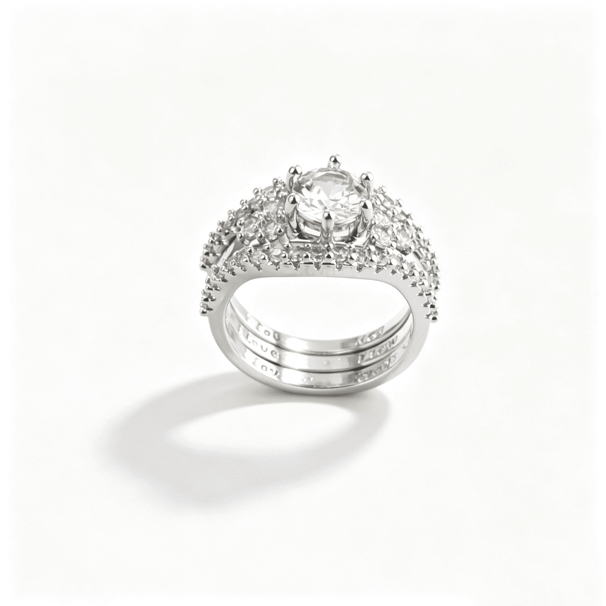 Upright display of dainty gold rings, emphasizing the brilliance of the micro pave cubic zirconia stones.