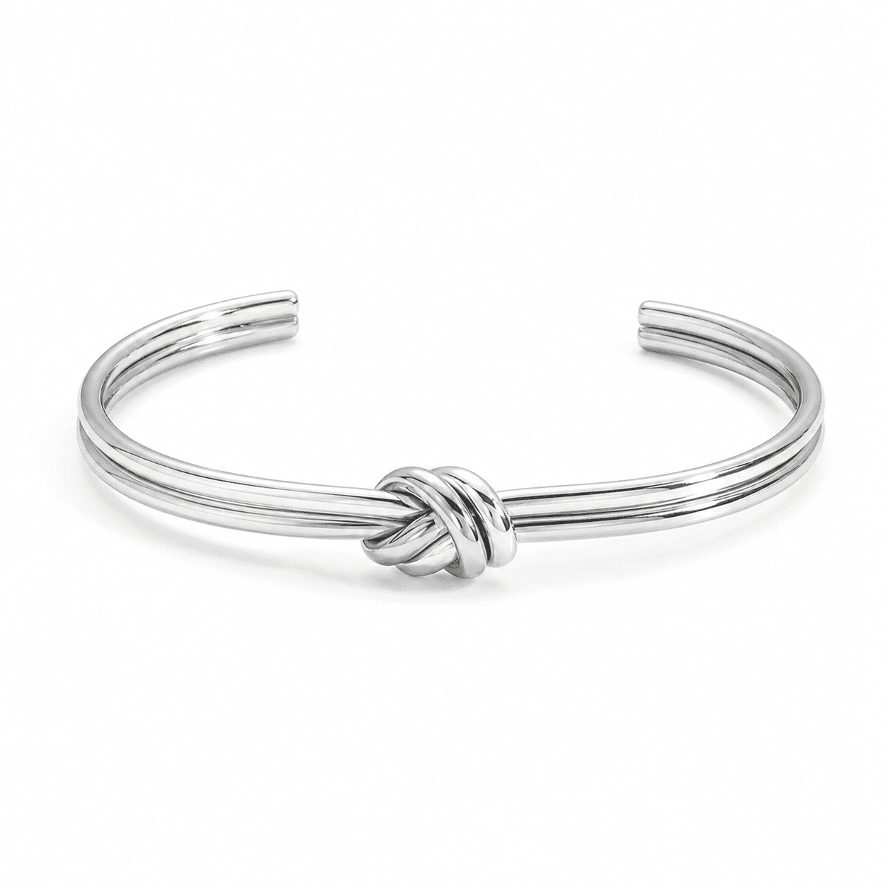 Front view of a silver stainless steel double-strand knot cuff bracelet on white