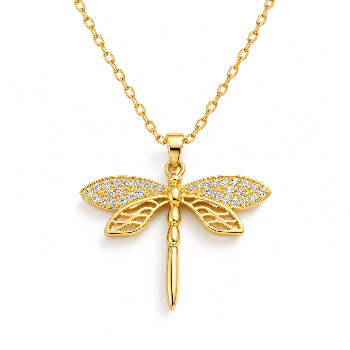 Dragonfly pendant necklace with detailed wings and a long tapered tail on a white background.