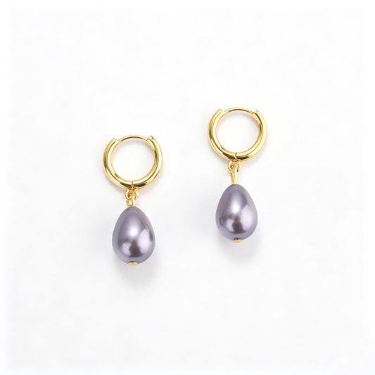 Purple drop hoop earrings with teardrop accents in a paired view