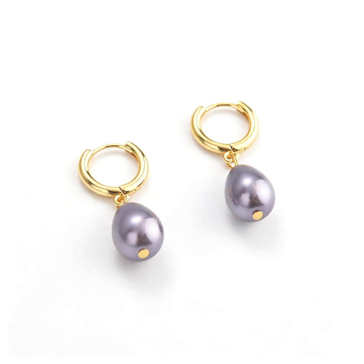 Purple drop hoop earrings shown at an angled view with round hoops