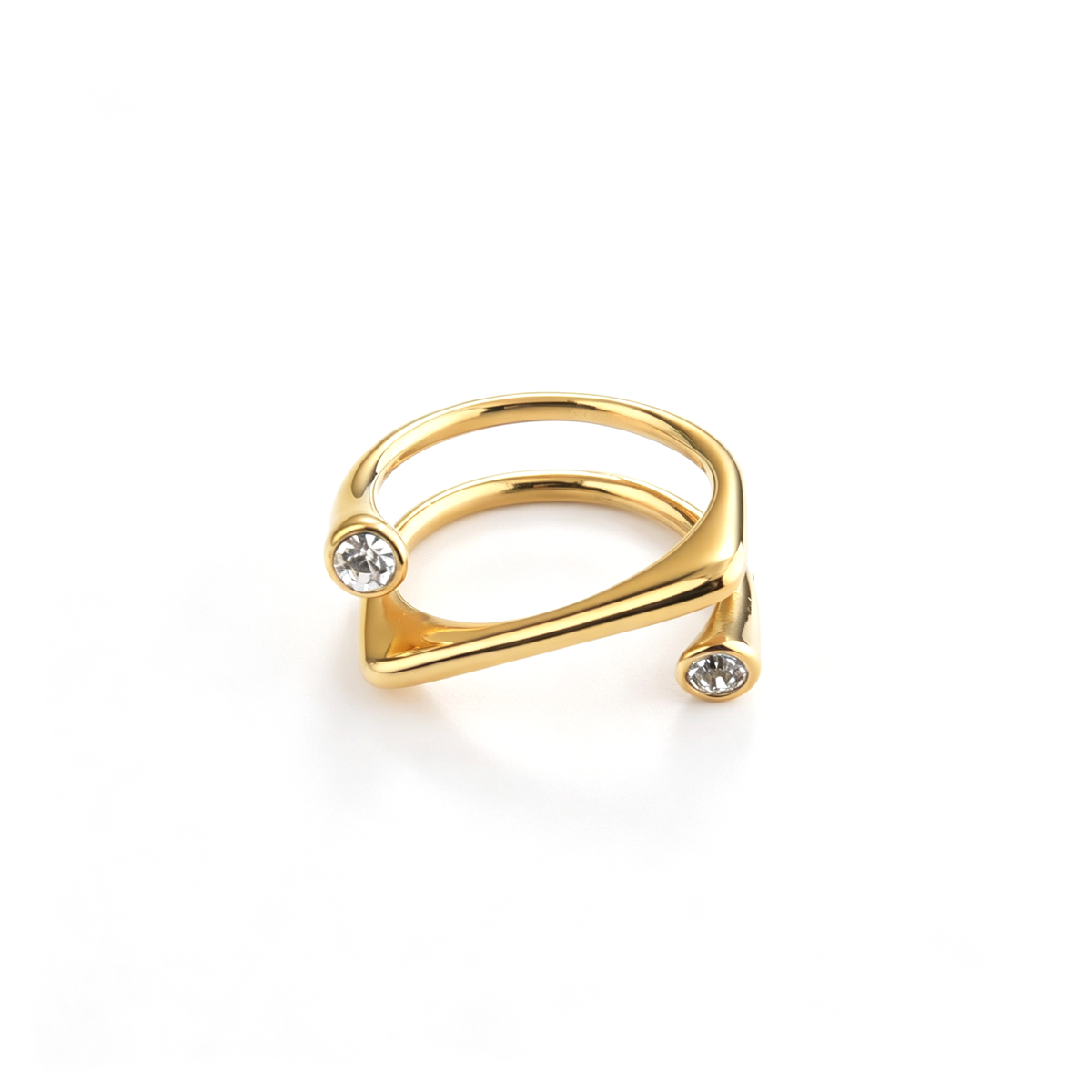 Dual band cuff ring shown from an angled front view with round clear accents
