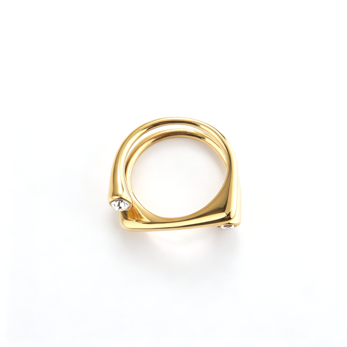 Dual band cuff ring shown from a front angled view with crossed curved bands and clear accents