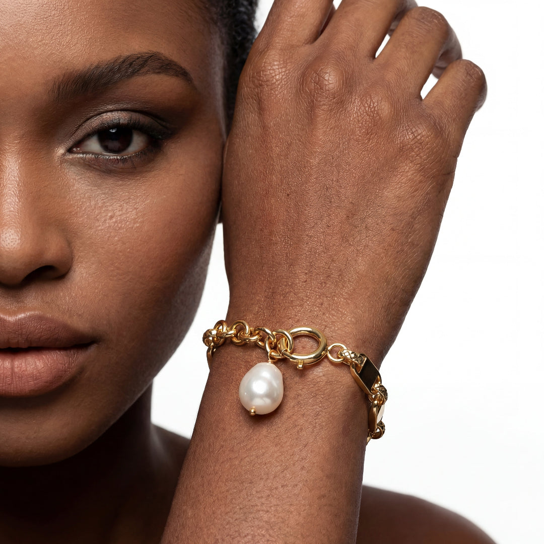Ever P. tarnish-resistant gold bar chain bracelet with freshwater pearl pendant on model.
