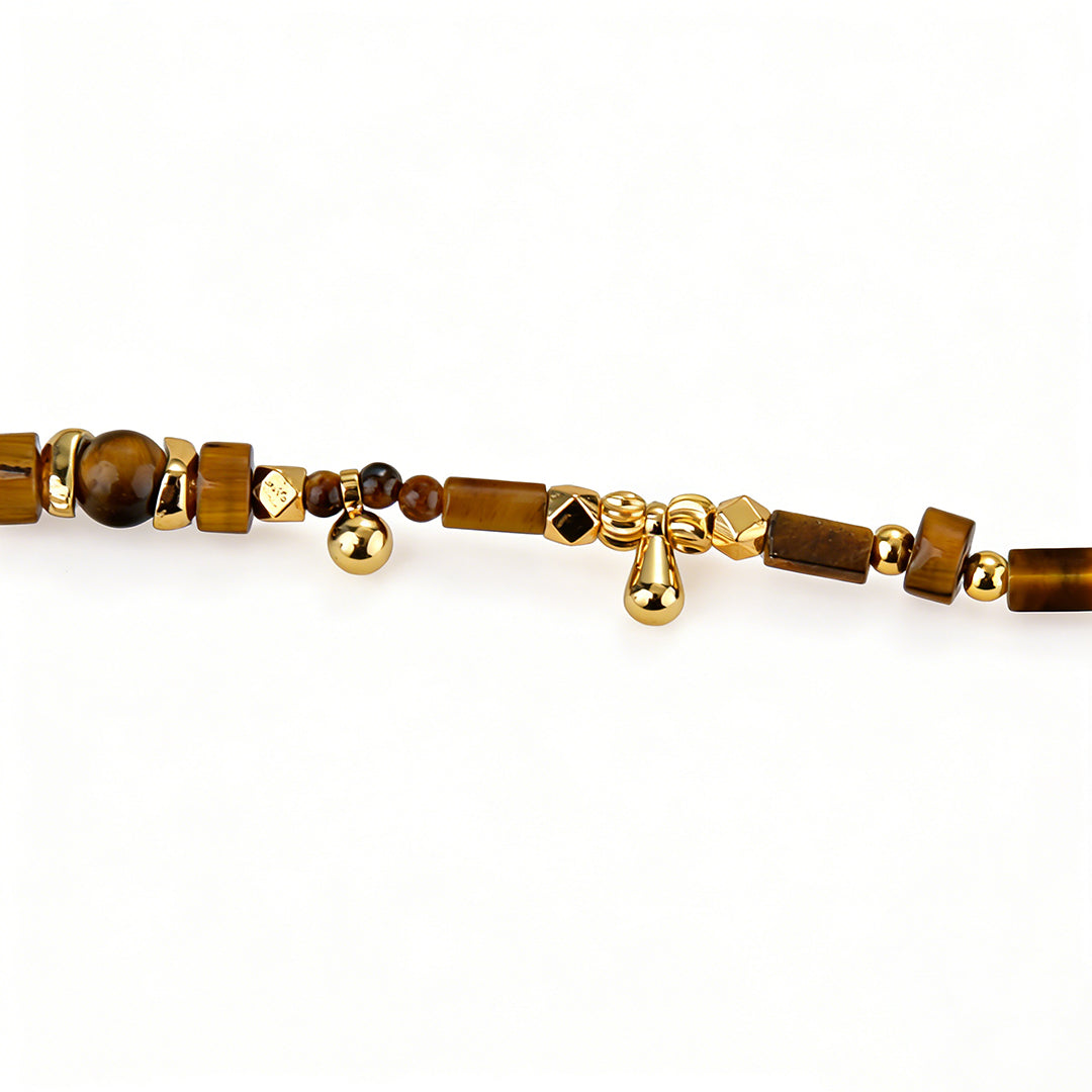 Ever P. black agate and tiger eye necklace with high-polish 18k gold plated finish.