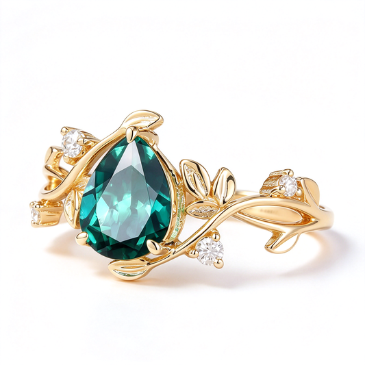 Emerald green teardrop leaf ring with decorative curved details and sparkling accents, shown at an angled front view.