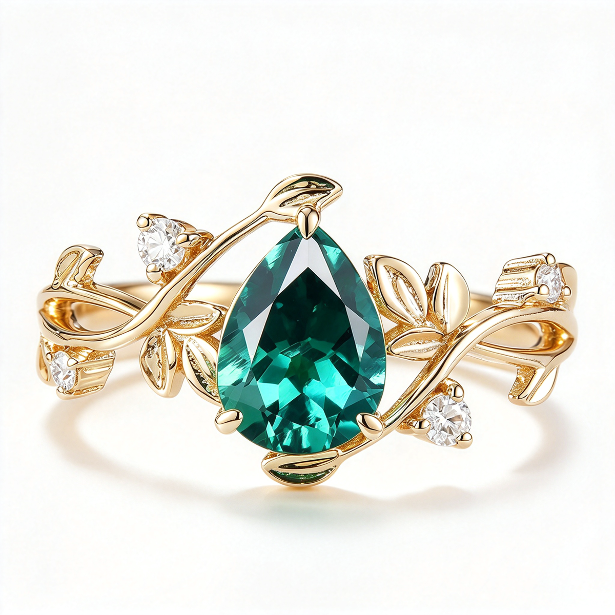 Close-up of an emerald green teardrop ring showing its raised center design and branching decorative band from the front.