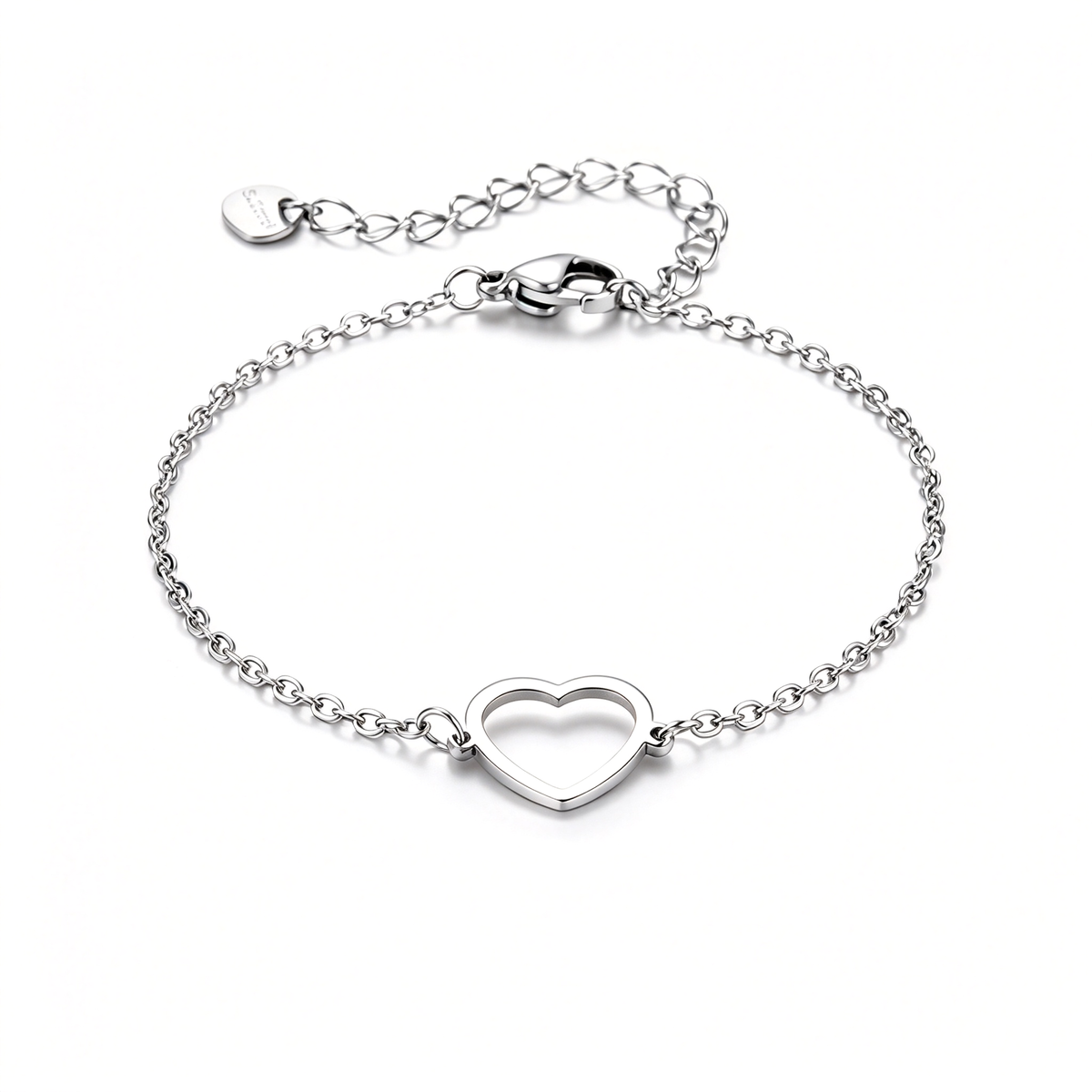 Silver-tone chain bracelet with an open heart centerpiece and delicate linked details