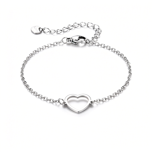 Silver-tone chain bracelet with an open heart centerpiece and delicate linked details