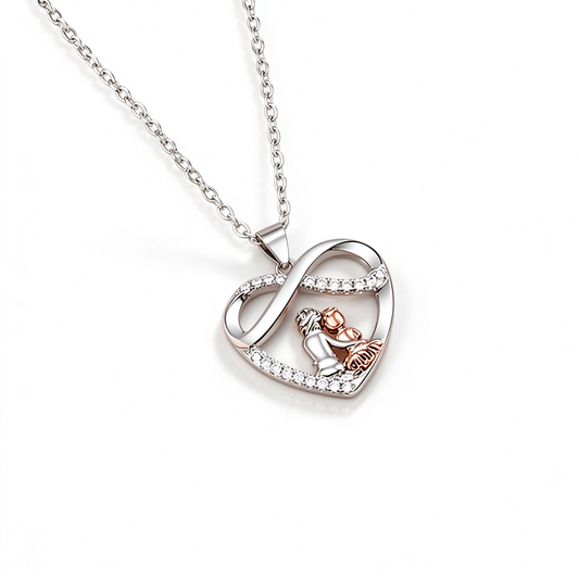 Close-up of the heart-shaped pendant featuring an infinity design and a small couple detail