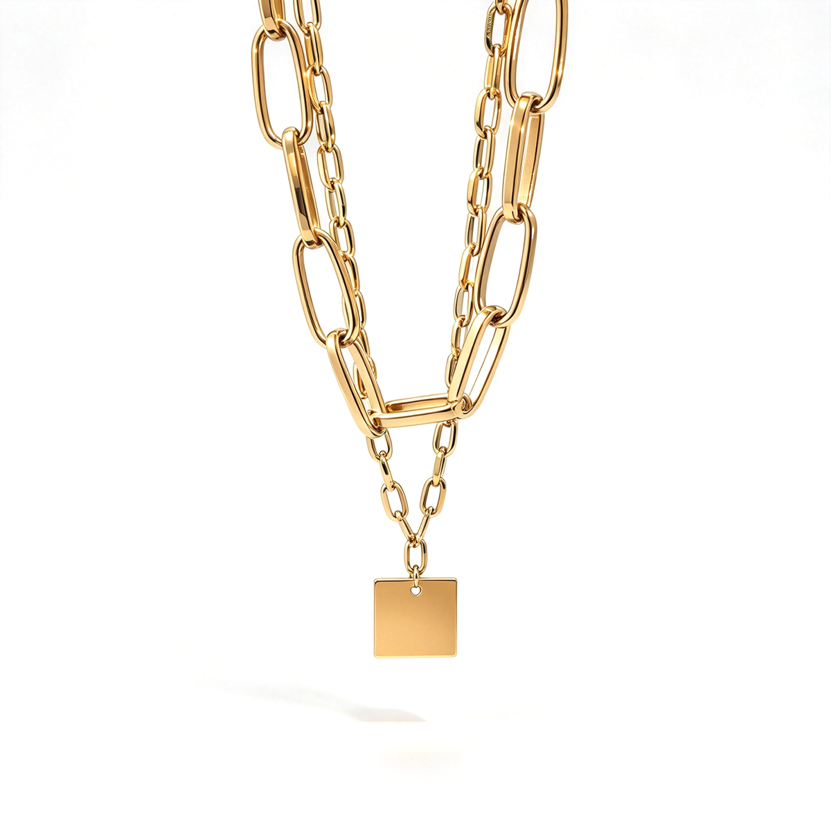 Double-layer chain necklace with a square pendant, shown against a clean white background.