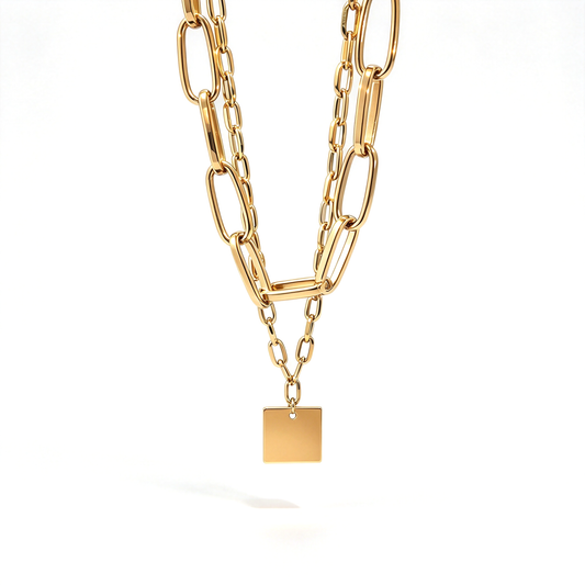 Double-layer chain necklace with a square pendant, shown against a clean white background.