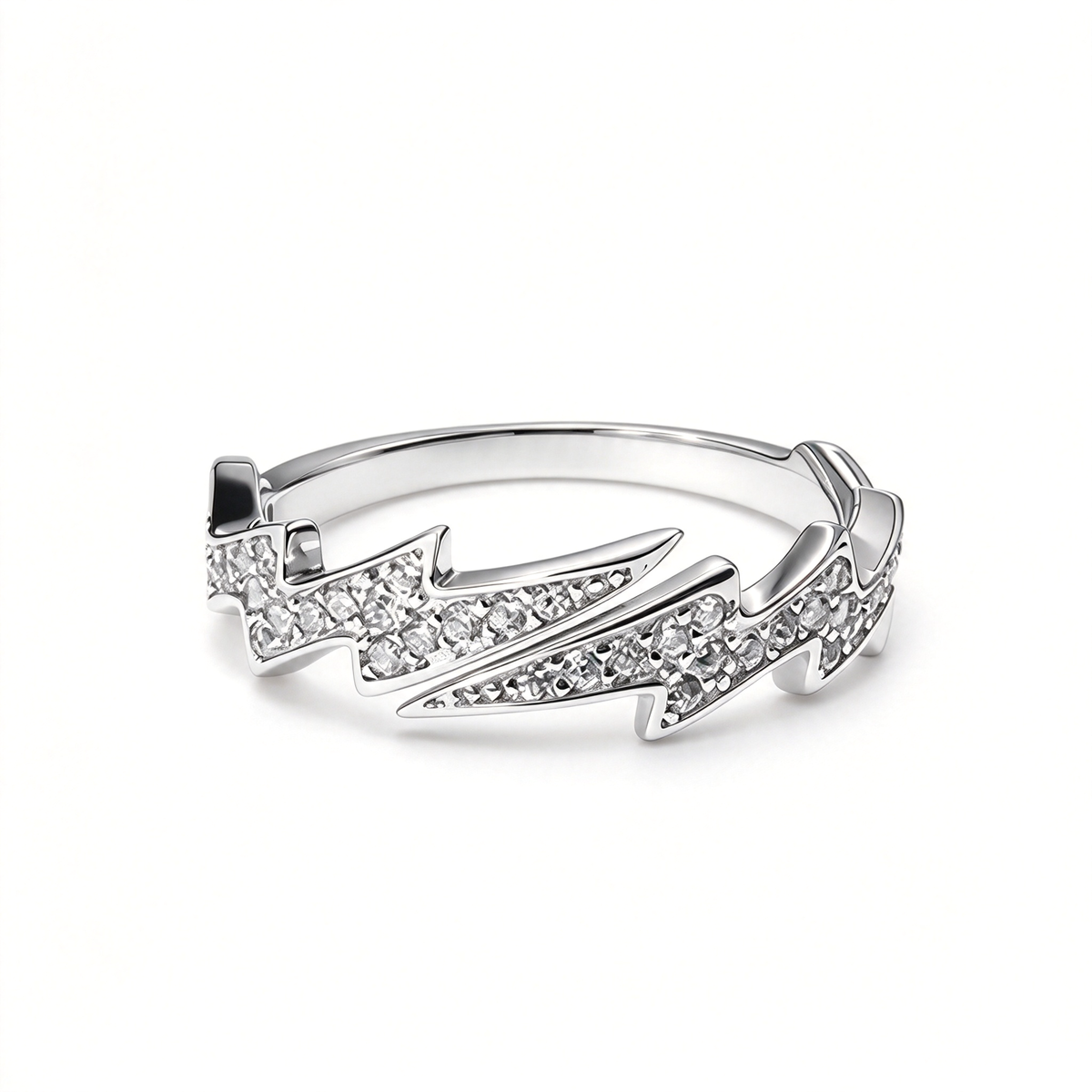 Side view of a lightning bolt ring showing the curved band and raised angular design.