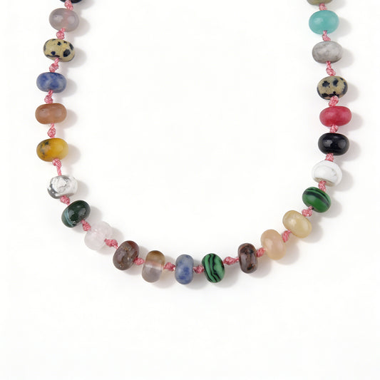 Ever P. multi-color natural stone wrap bracelet with artisanal hand-knotted beads.