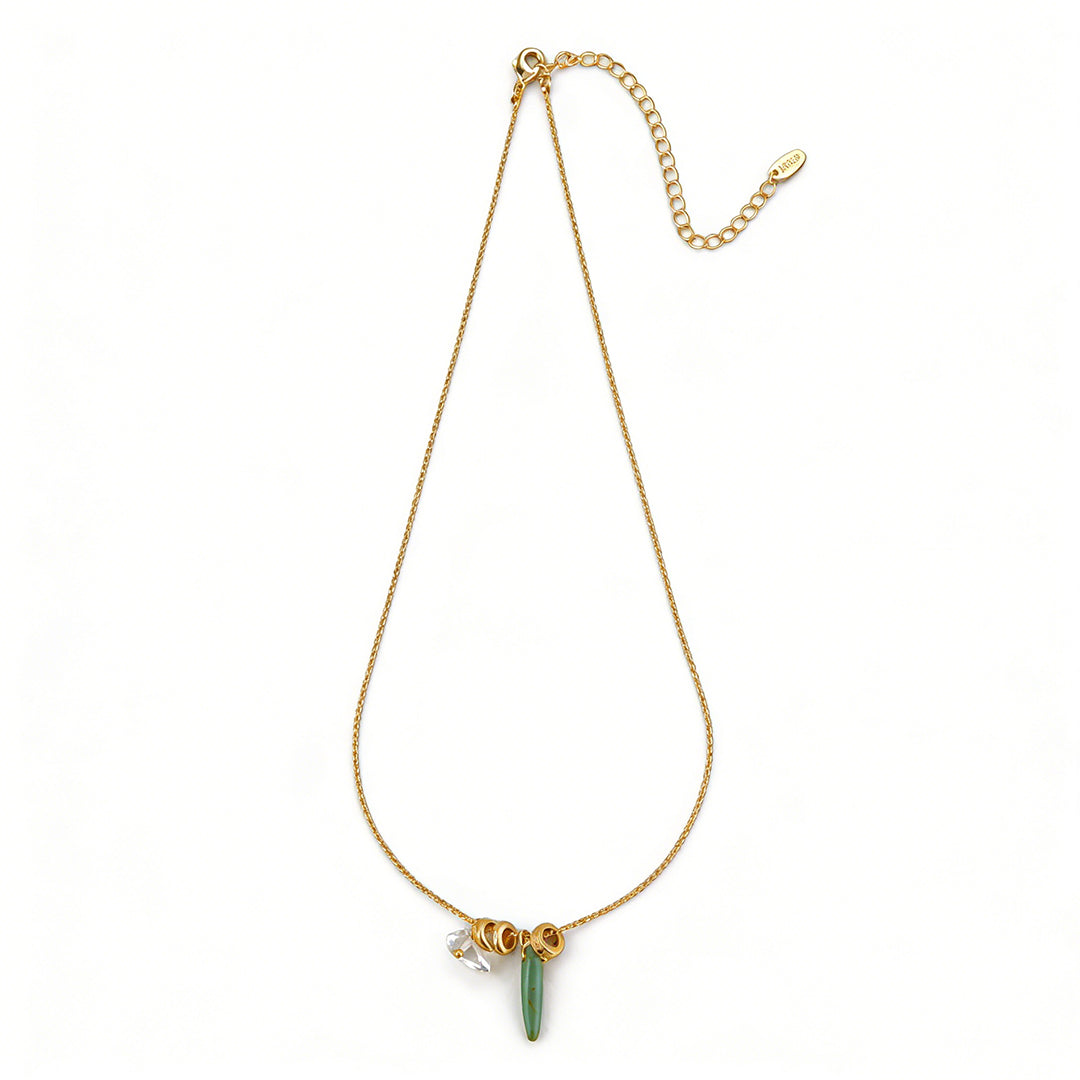 Ever P. natural stone necklace featuring green phantom quartz beads and gold accents.