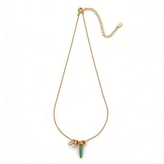 Ever P. natural stone necklace featuring green phantom quartz beads and gold accents.
