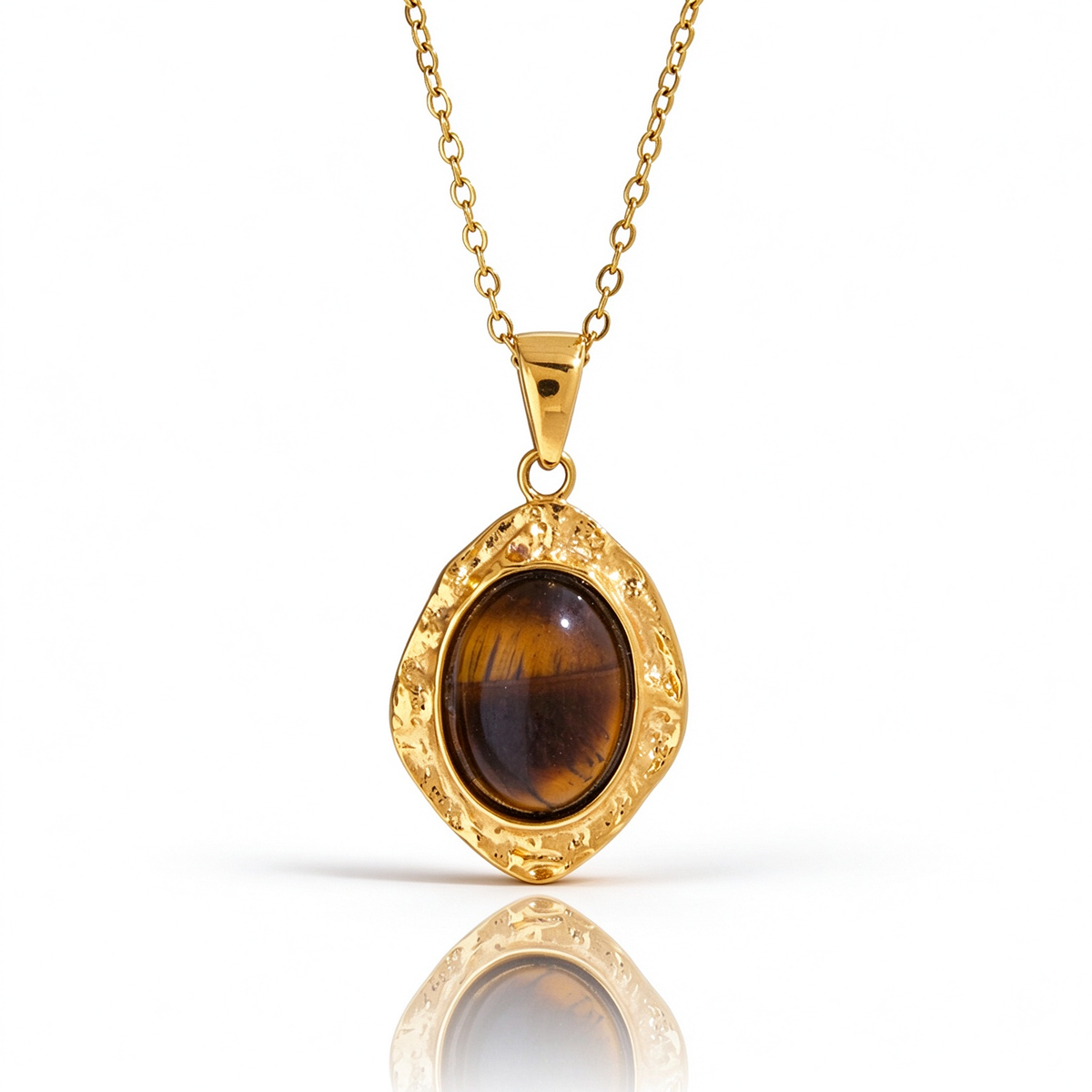 Oval pendant necklace with a textured frame and brown center displayed on a white background