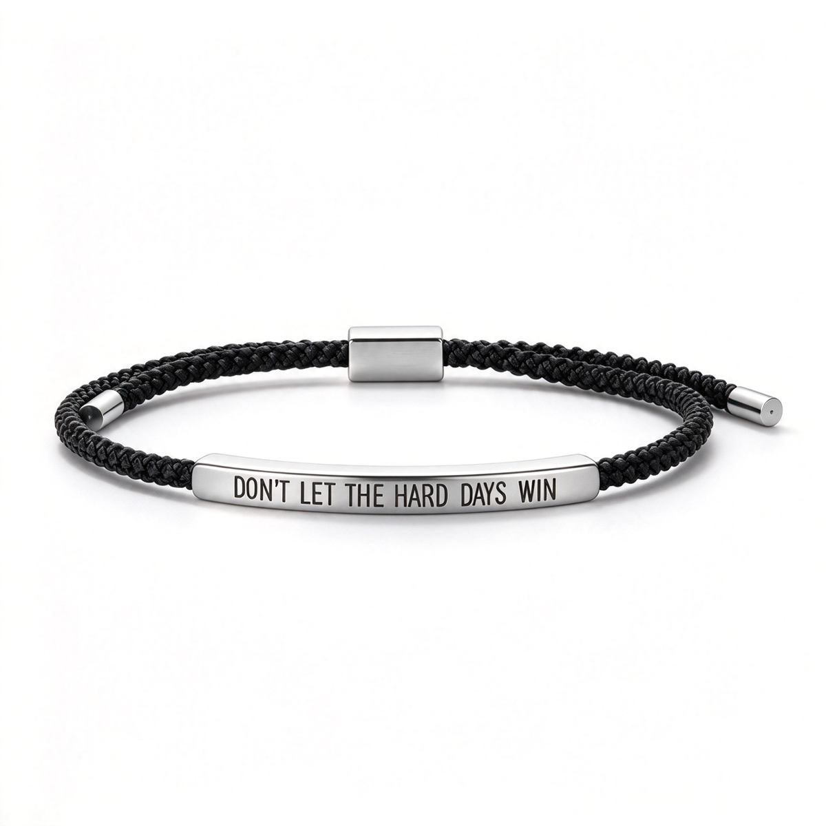 Blue braided rope bracelet in a front three-quarter view with a silver-tone message bar and end caps.
