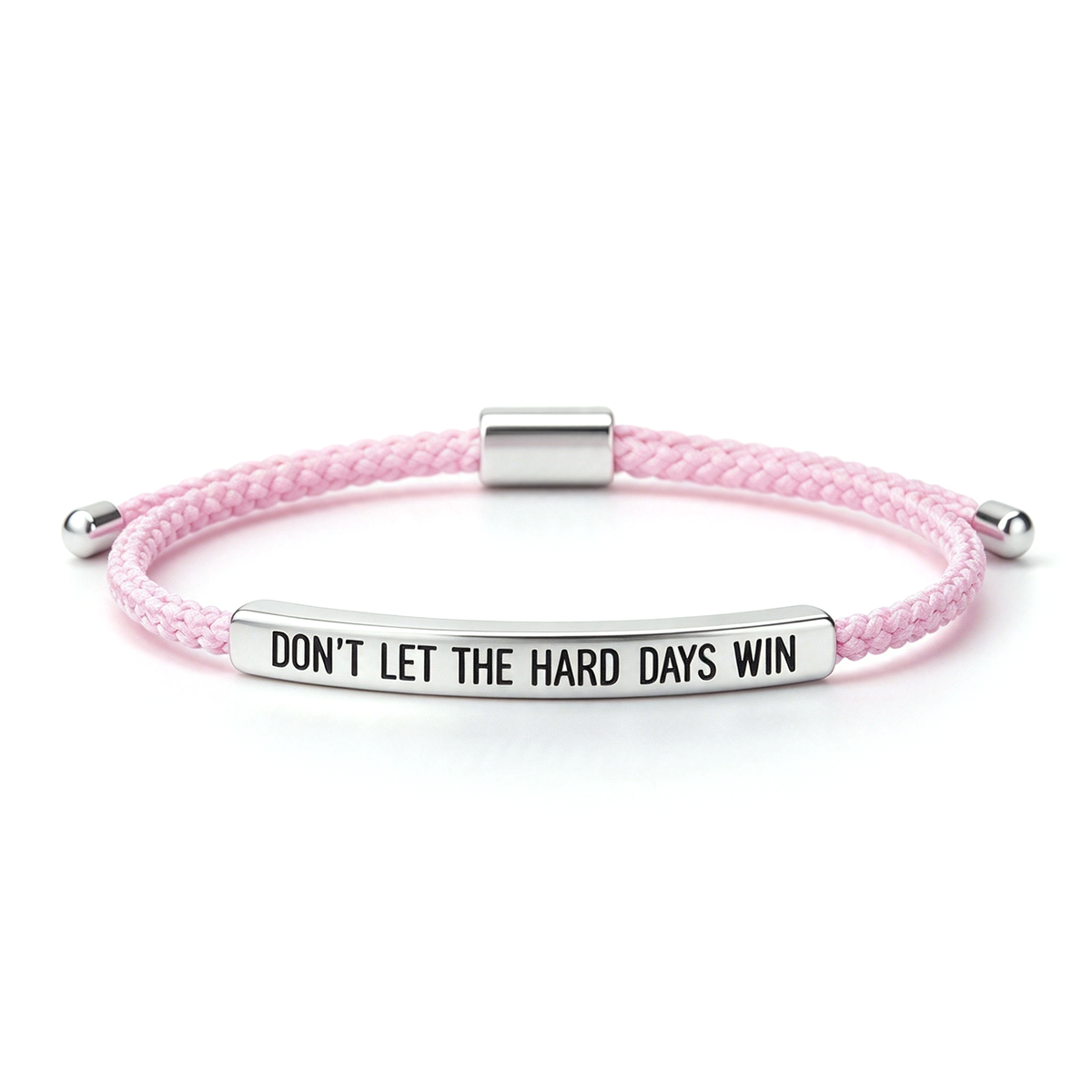 Black braided rope bracelet with a gold-tone message bar and matching end caps, shown against a white background.