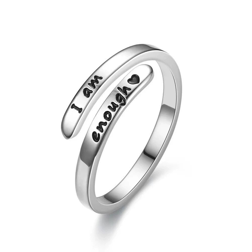 Personalized open cuff ring with “I am enough” lettering and a small heart