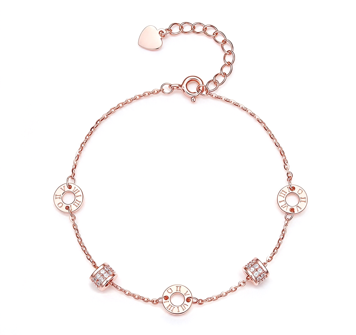 Roman numeral circle charm bracelet arranged in a full oval with decorative accents and an extender chain.