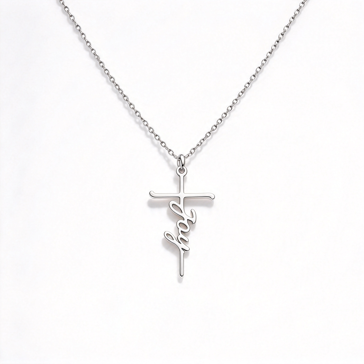 Front view of a slim cross pendant with integrated cursive lettering and a delicate chain.