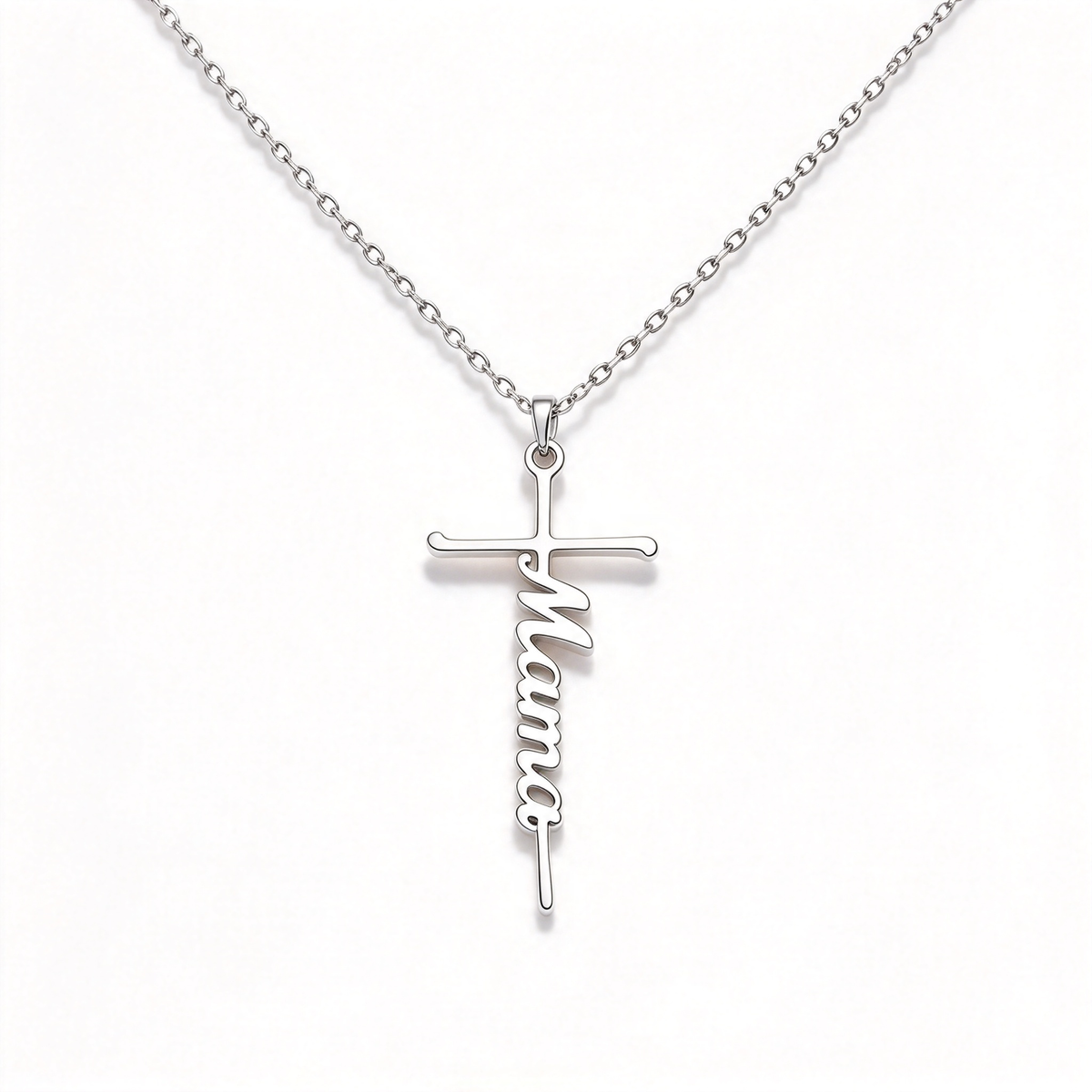 Full necklace view highlighting the small cross pendant and its vertically arranged cursive word.