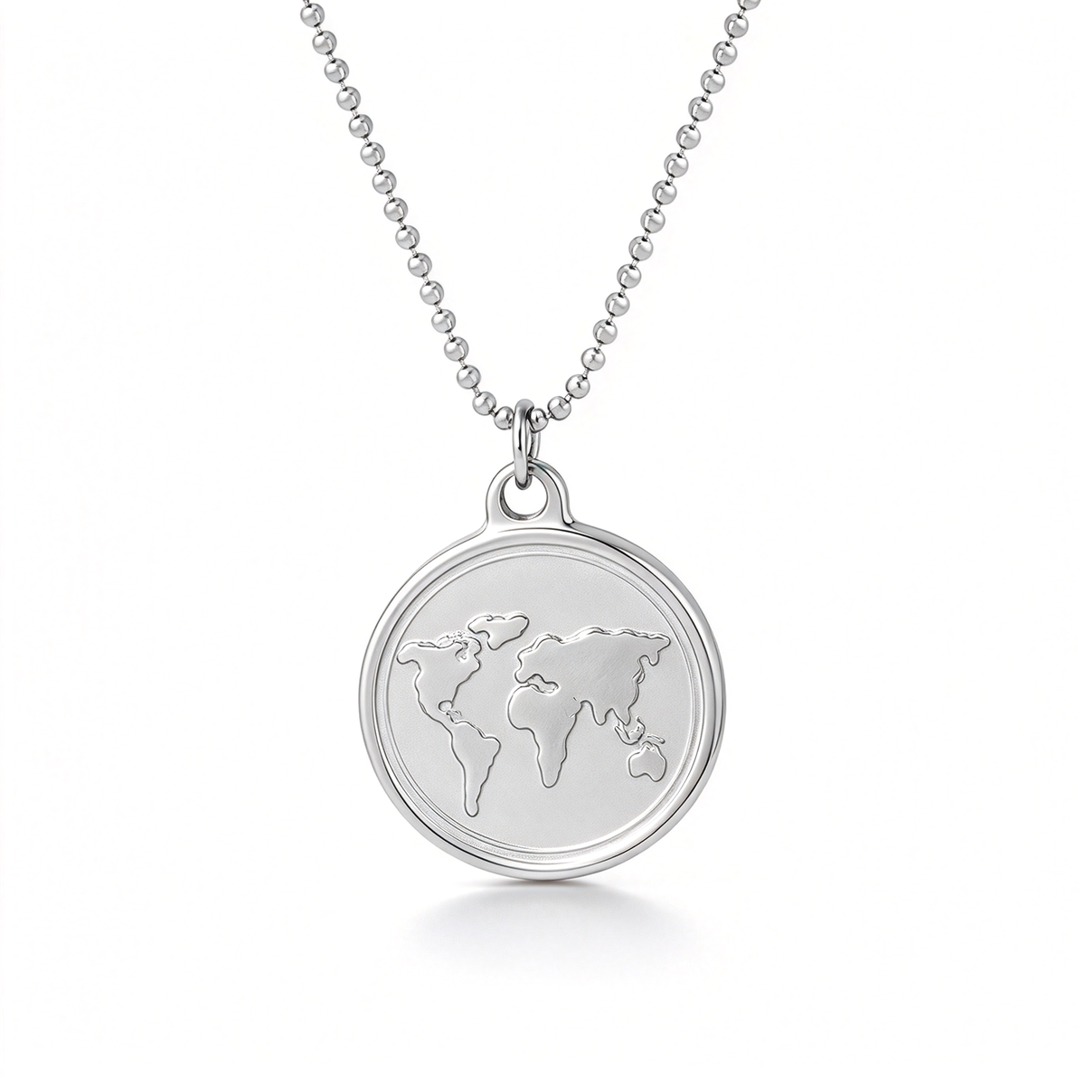 World map pendant necklace with a round map design on a plain white background.