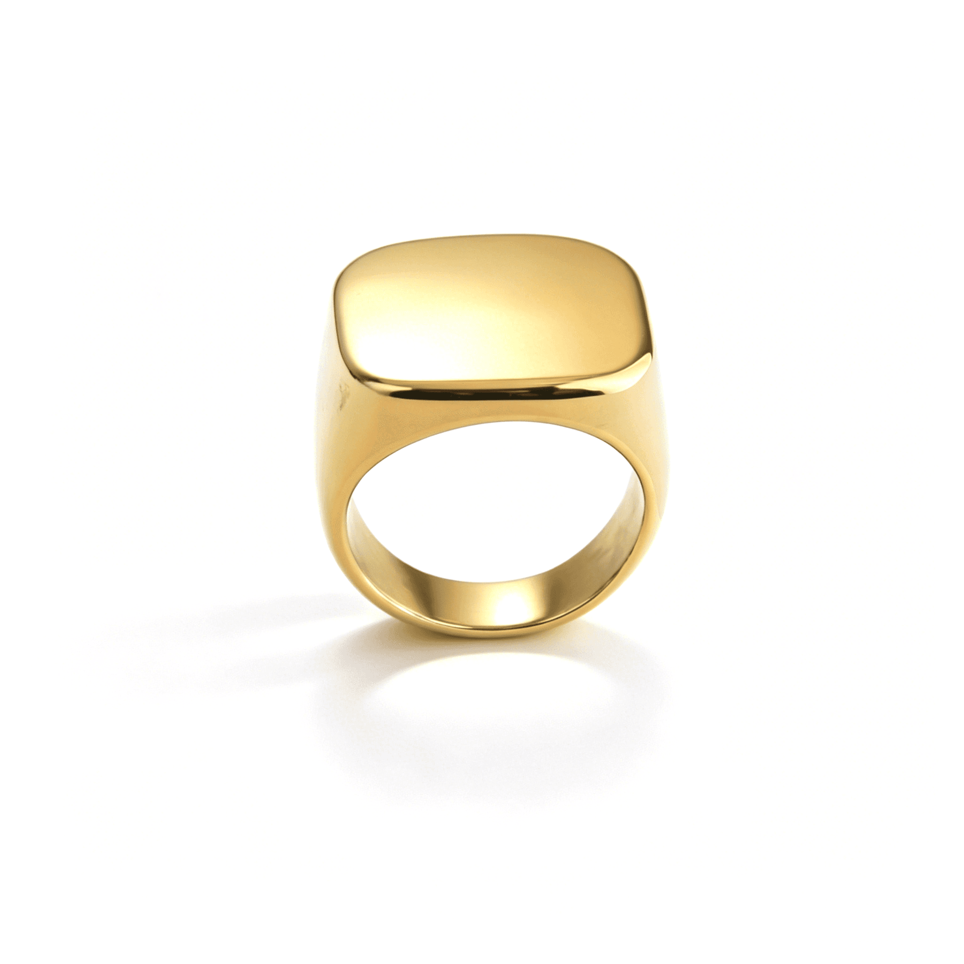 Close-up of Ever P. 20mm gold band rings, highlighting the premium 18k gold plating and mirror-like surface.